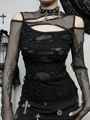 Y2K Hollow Out Off-shoulder Grid Splicing Long-sleeved T-shirt