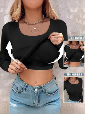 T-shirts à manches longues unis, col en U et soutien-gorge intégré