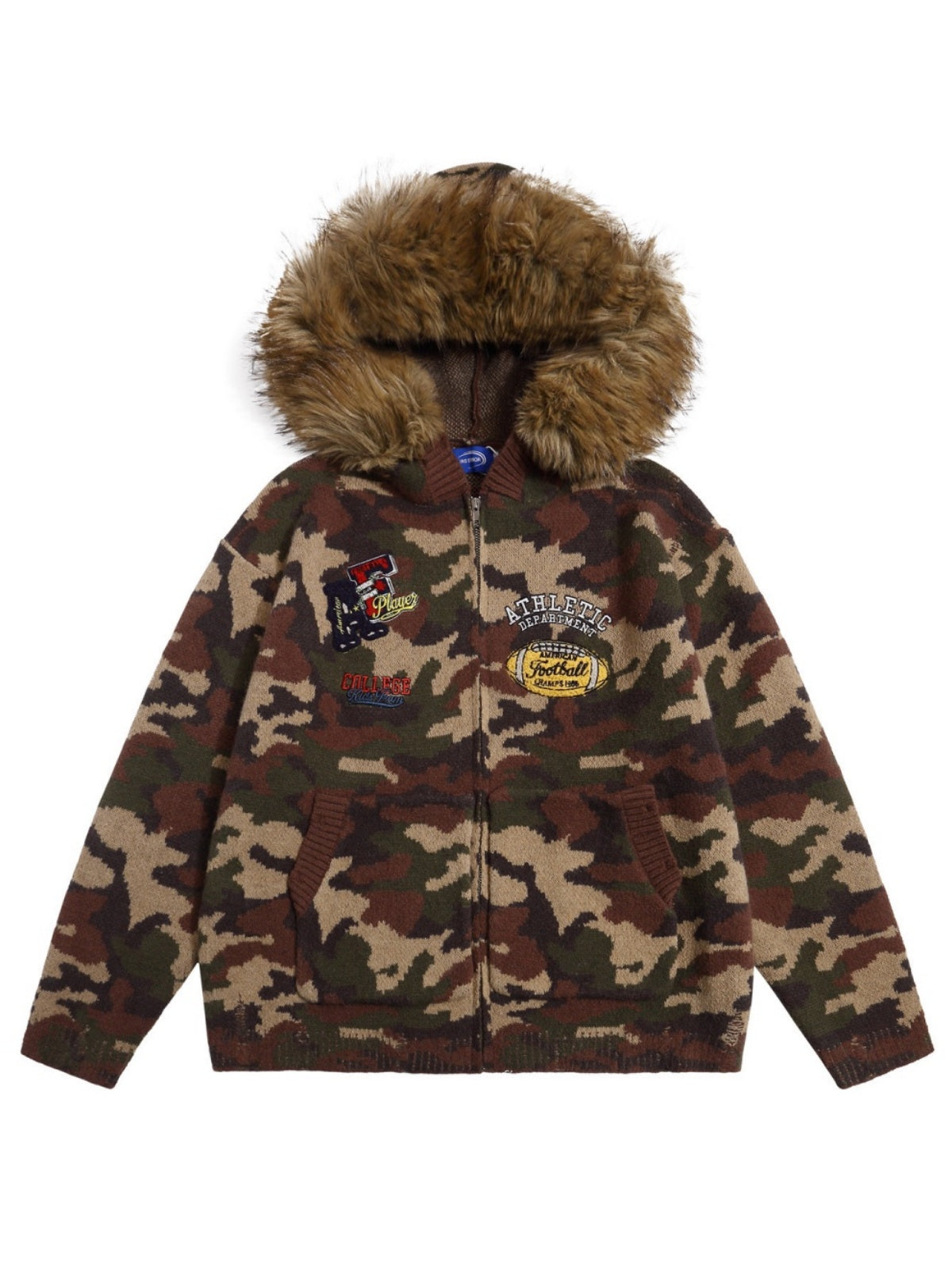 Retro Fur Collar Camouflage Letter Embroidery Hooded Knitwear