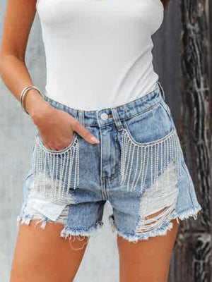 Chain Tassel Hole Washed Denim Shorts
