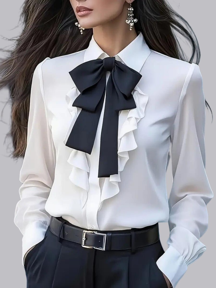 Solid Color Tie-up Bow Ruffle Design Shirt