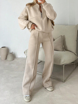 Sporty Style Long-sleeved Jacket Solid Color Trousers Two-piece Set