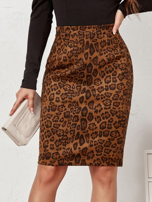 Leopard Suede Zipper High Waist Skirts