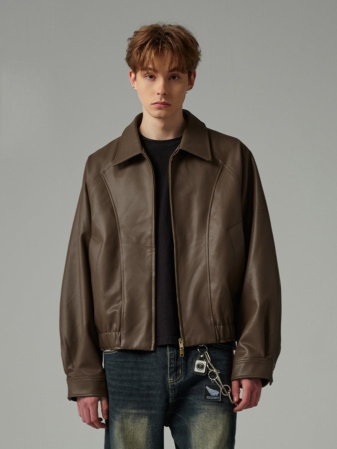 Solid Color Cleanfit Short Leather Jacket Lapel Jacket