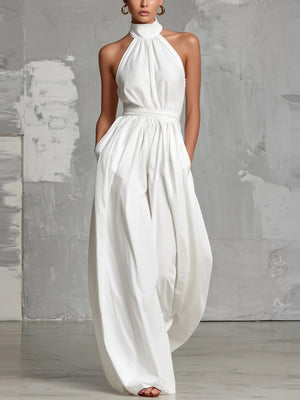 Waist-cinching Halter Neck Tie-up Pleated Jumpsuit
