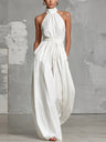 Waist-cinching Halter Neck Tie-up Pleated Jumpsuit