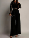 Lace Stitching Perspective Long Sleeve Wide Leg Jumpsuits
