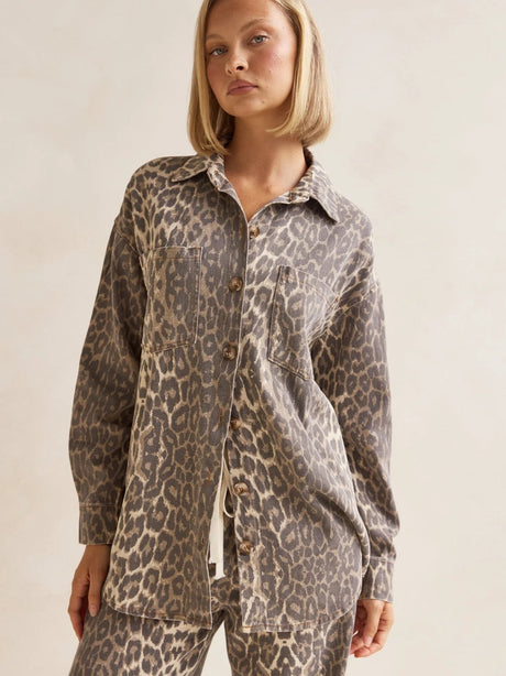Leopard Print Lapel Retro Pocket Denim 2-piece Sets