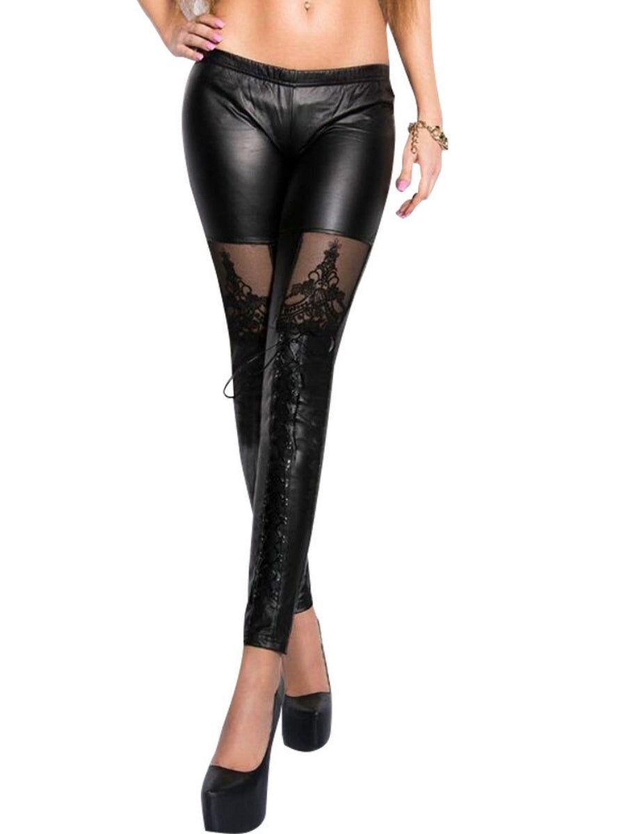 Perspective Lace PU Leather Tight Fit Low Rise Pants