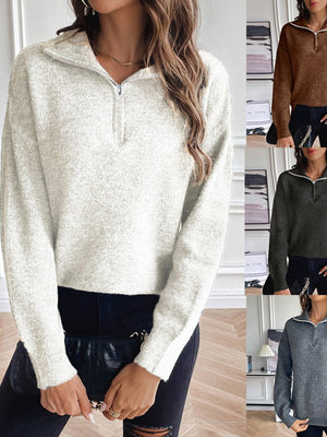 Liber Autumn Women's Zipper Sweaters Color Mixing Long sleeve Lapel Short top