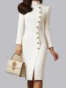 Long Sleeve Stand Collar Slim Fit Metal Single-breasted Buckle With Vents Midi Dresses