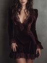 Burgundy Velvet Lace-trimmed Short Dress