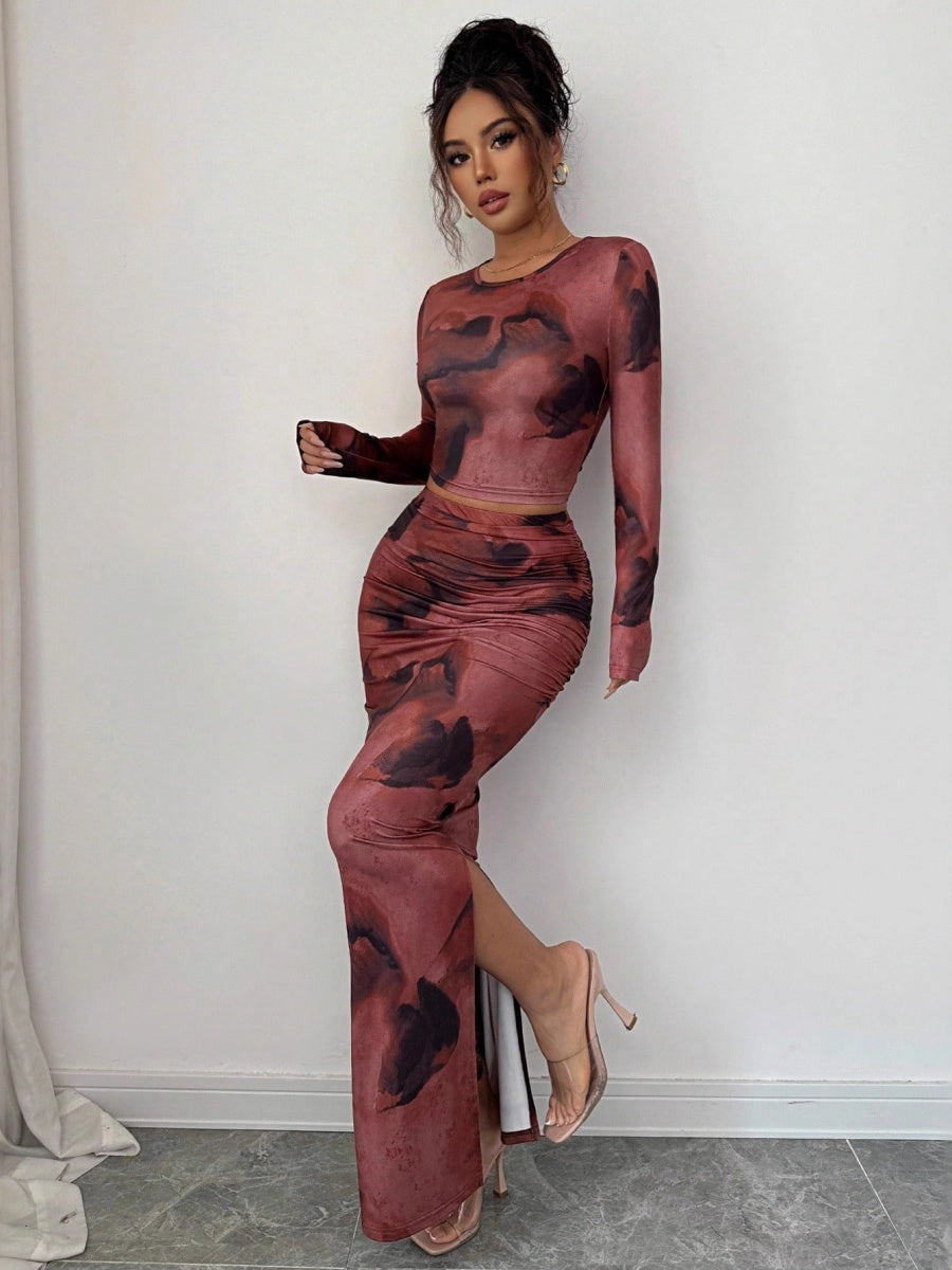 Tie-dye Patterns Long Sleeve T-shirts Tight Fit Skirts Two Sets