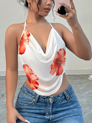 Resort-style Floral Print Halter Neck Top