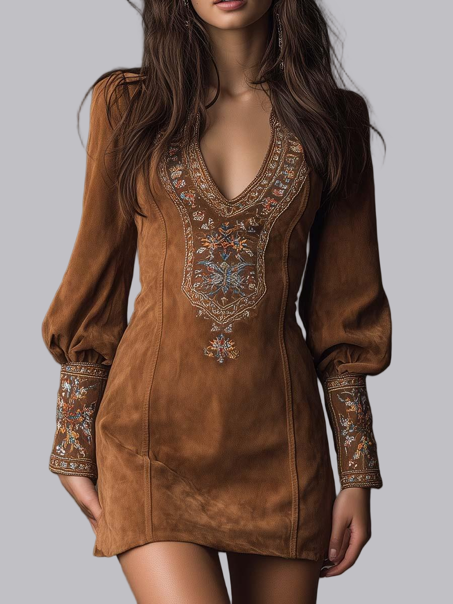 V-neck Plants And Flowers Embroidered Pattern Hip Mini&Short Dresses