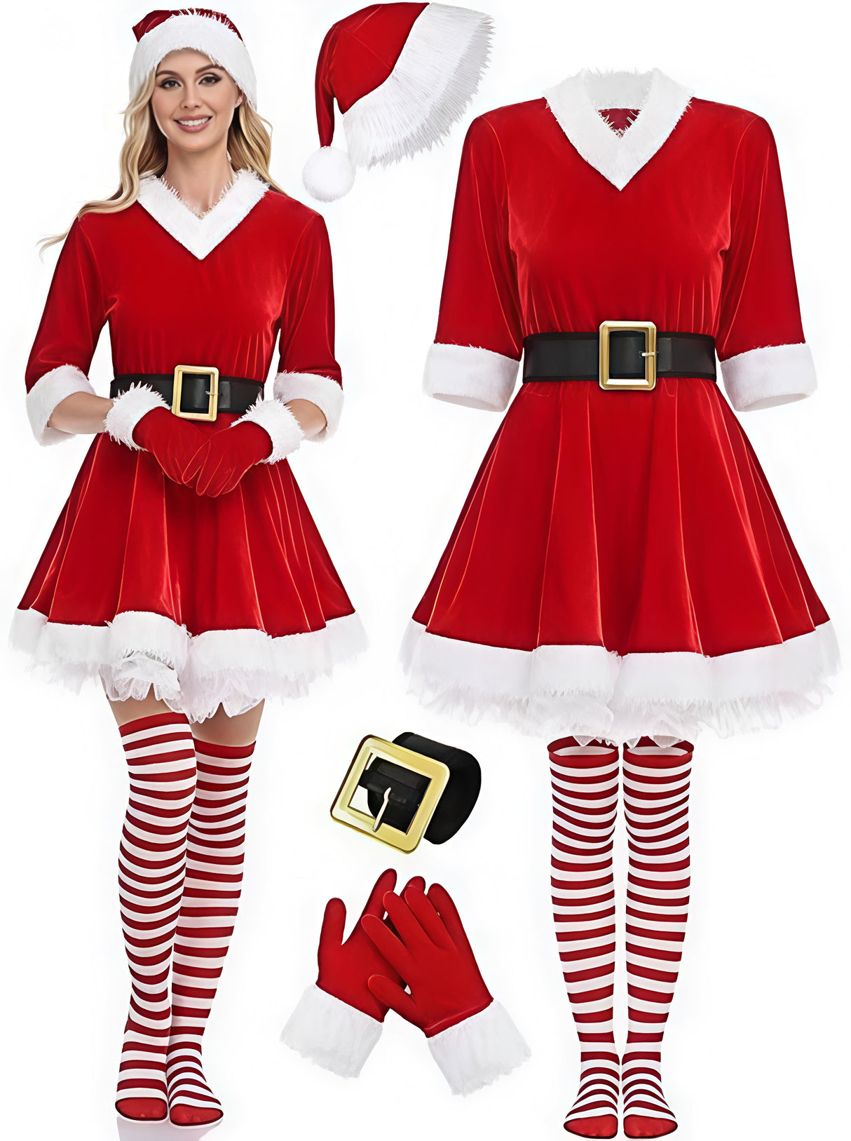 Christmas Velvet Dress Belt Striped Over-the-knee Socks Gloves Hats Santa Claus Party Costumes Multi-piece Sets