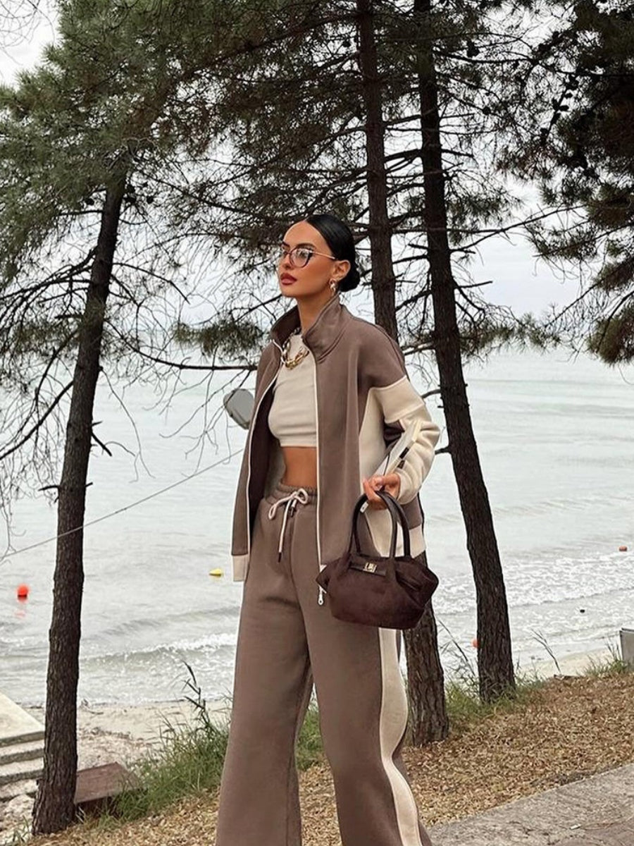Jackets Casual Trousers Set Retro Contrasting Colors Long Sleeve Zipper Coat Two-piece Trouser Set