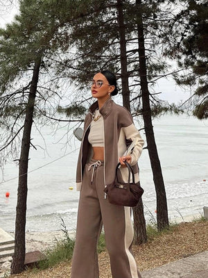 Jackets Casual Trousers Set Retro Contrasting Colors Long Sleeve Zipper Coat Two-piece Trouser Set