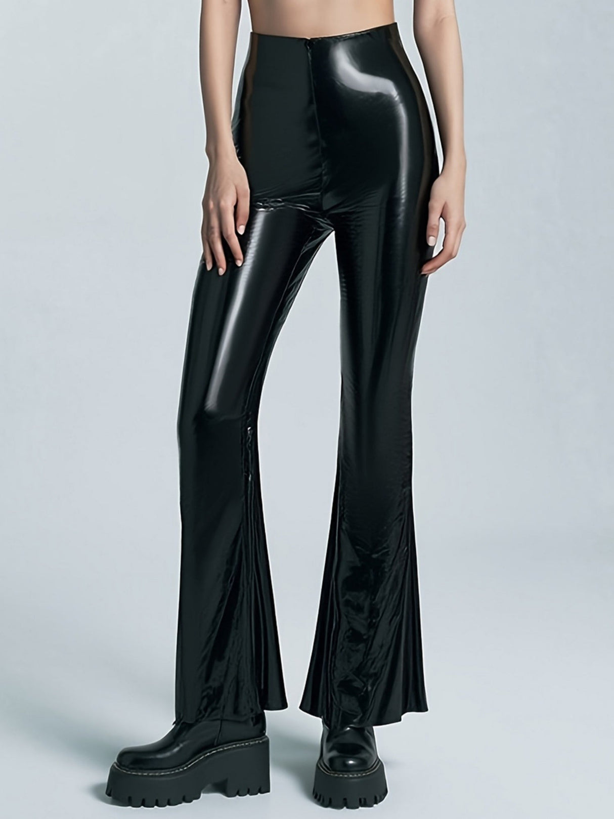 Glossy PU Leather Flared Trousers