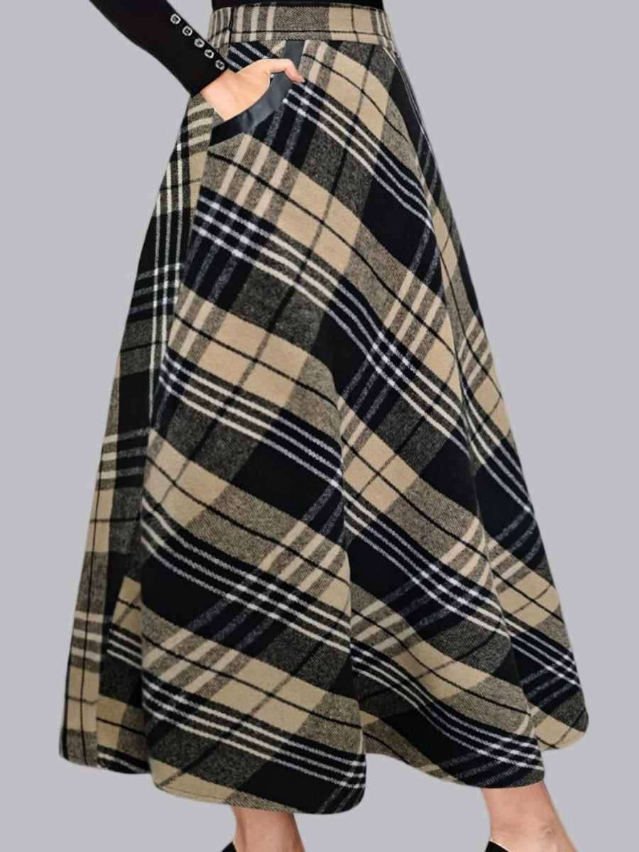 Plaid Woolen Cloth Big Pocket Long Umbrella Skirt Commuting Skirts