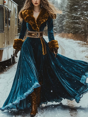 Velvet Blue Western Print Fur Collar Flannel Thickened Long Dress