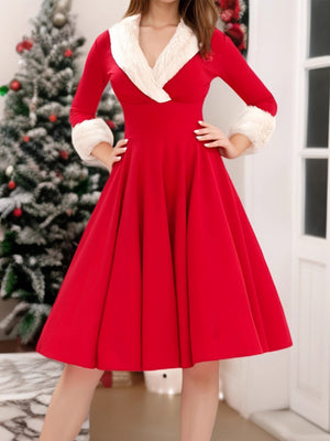 Christmas Plush Splicing Low-cut Self-cultivation Long Sleeves Midi Dresses