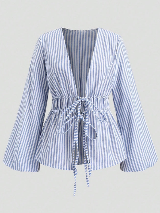 Liber Summer Women's Lace up Waist Stripes Shirts