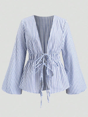 Liber Summer Women's Lace up Waist Stripes Shirts