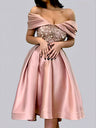 Pink Sequined Off-shoulder Satin Patchwork Midi Dresses