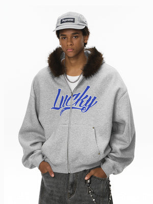 Hooded Embroidery Plush Collar Boxy Short Coat