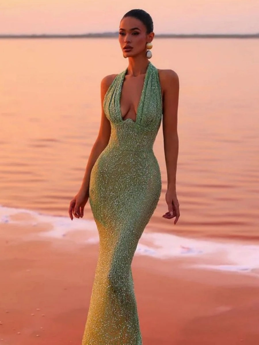 Halter sequins Deep V Bodycon long dress