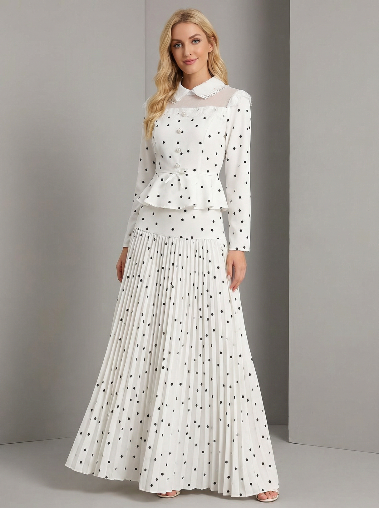 Long Sleeve Polka Dots Printed Jacket And High-waisted Skirt 2-piece Sets