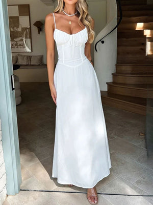 Lace-up A-line Solid Color Suspender Long Dress
