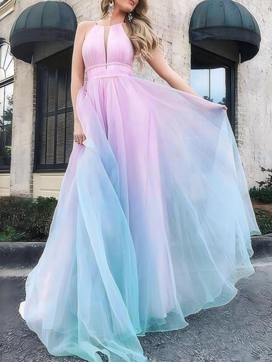 Ärmellose Chiffon-Maxikleider mit Farbverlauf und tiefem V-Ausschnitt