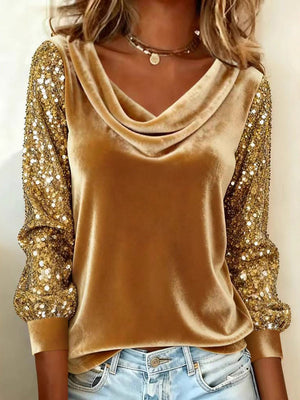 Swing Collar Velvet Sequins Spliced Long Sleeve T-shirts