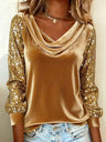 Swing Collar Velvet Sequins Spliced Long Sleeve T-shirts