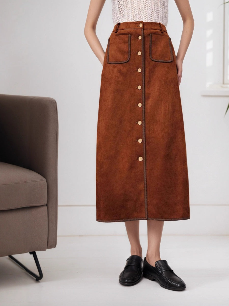 A-shaped Splicing Suede Retro Single-breasted Decoration Daily Workplace Skirt