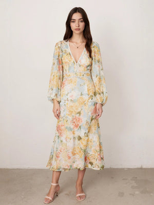 Floral Print Long-Sleeved Bodycon Slim Fit Long Dress