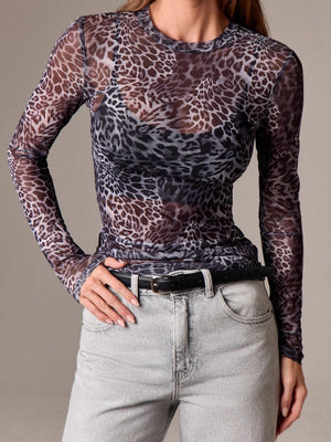 Pullover Mesh Round Neck Leopard Printed Slim Fit Slimming T-shirt Mesh/sheer Top