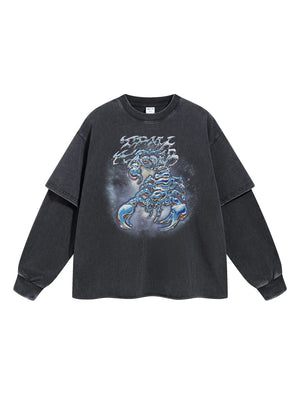 Scorpion Printed Street Fake Two Pieces Spliced Sleeves Washing And Aging Long-sleeved T-shirt