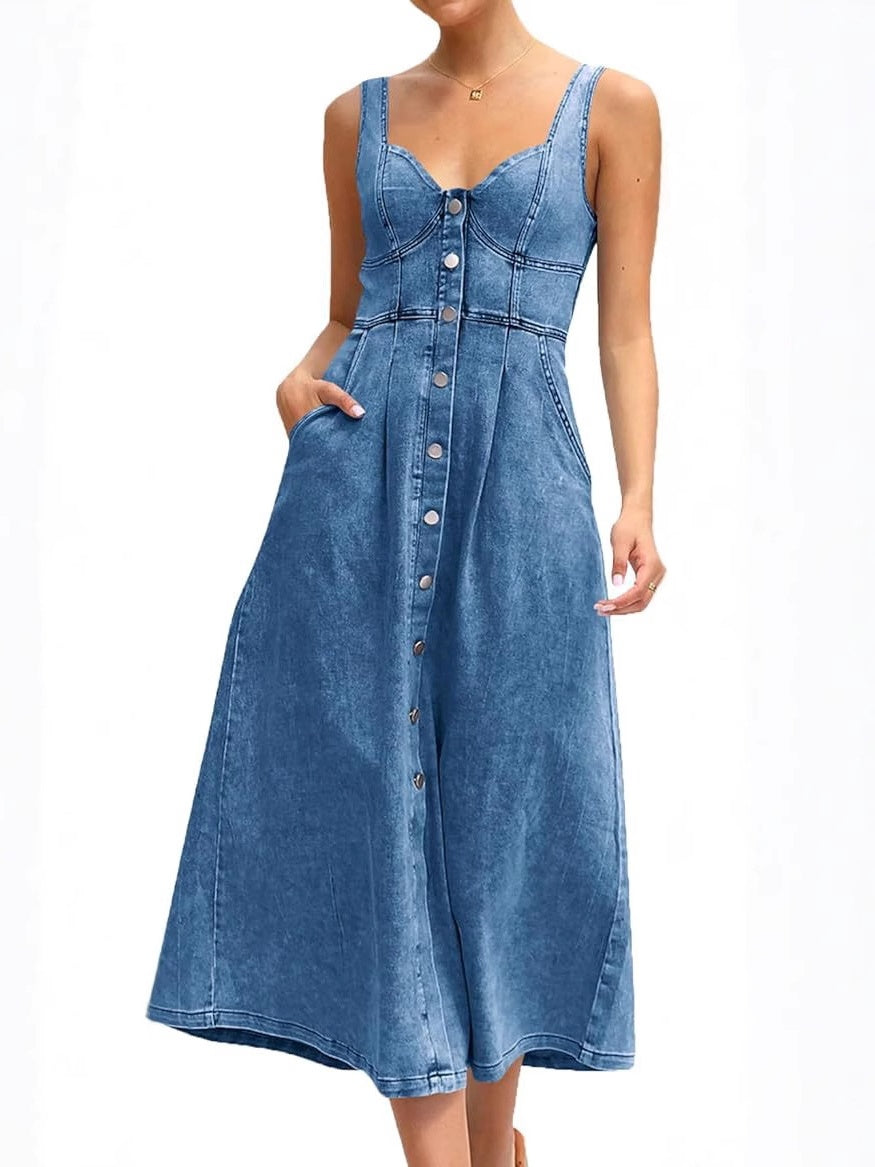 Blue Denim Distressed Overalls, Single-breasted Button Midi Dress