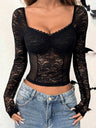 Lace See-through V-neck Sexy Spliced Long Sleeve Tops