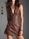 【EXPÉDITION NORMALE】Robes courtes et mini sans manches en cuir PU avec fermeture éclair et col en V