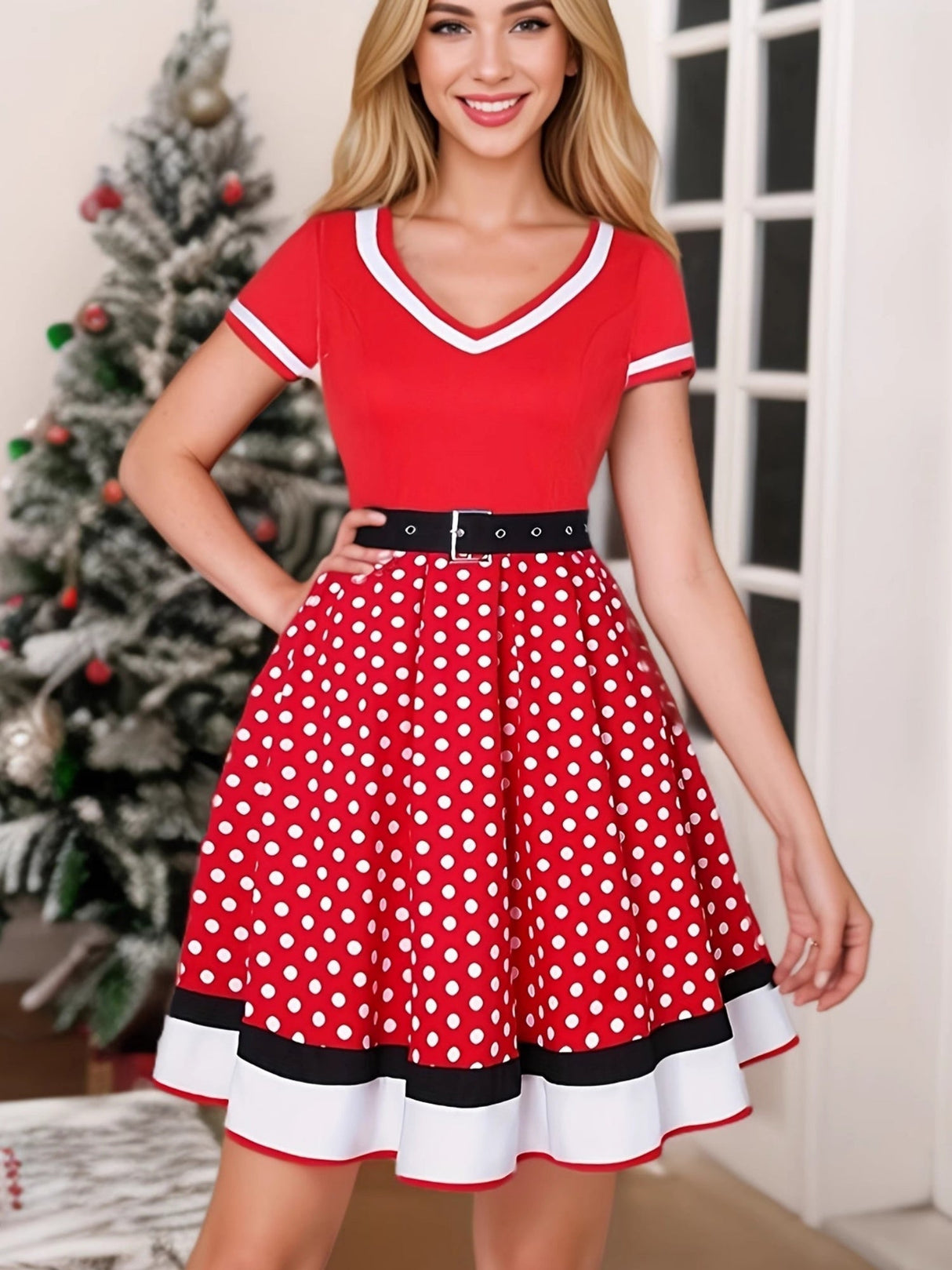 Christmas Polka Dots Splicing Large Skirt Midi Dresses
