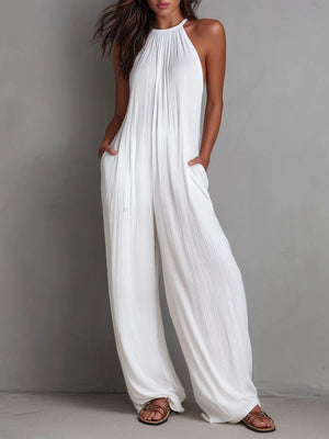 Halter-neck Sleeveless Resort-style White Pleated Backless Wide-leg Jumpsuit