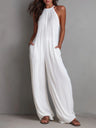 Halter-neck Sleeveless Resort-style White Pleated Backless Wide-leg Jumpsuit