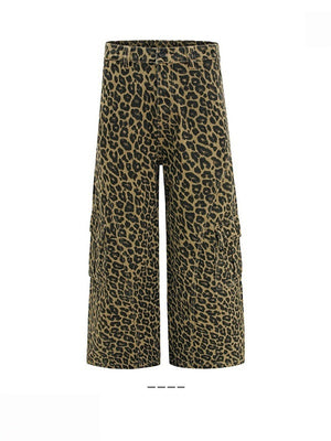 Baggy Deconstruction Design Multiple Pockets Leopard Straight Cargo Trousers
