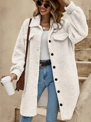 Open Buckle Lapel Pocket Plush Loose Coats