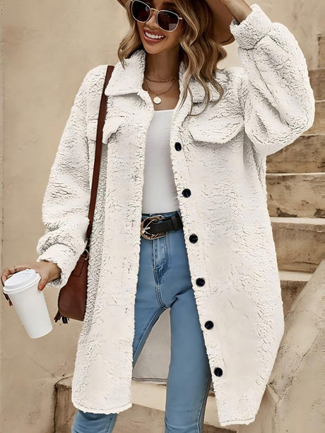 Open Buckle Lapel Pocket Plush Loose Coats