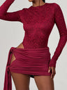 Lace Patchwork Round Neck Long Sleeve Bodysuit Strappy Mini Skirt 2-piece Sets